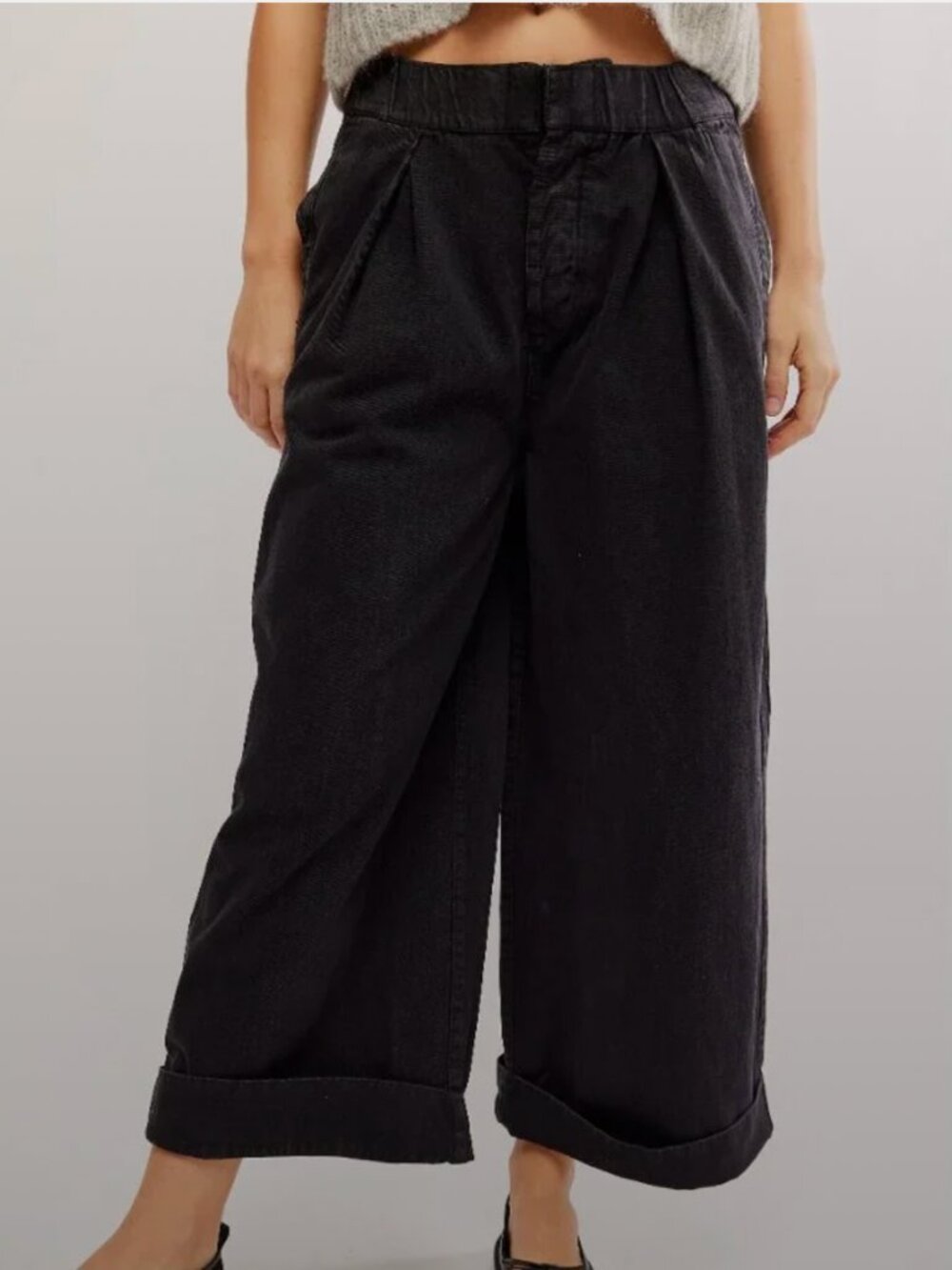 Free People After Love Roll Cuff Wide Leg Pants black cropped Sz M